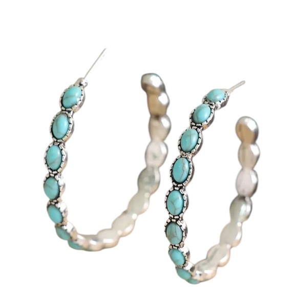 Turquoise Stone Large Silver Hoop Earrings - Picture 4 of 8